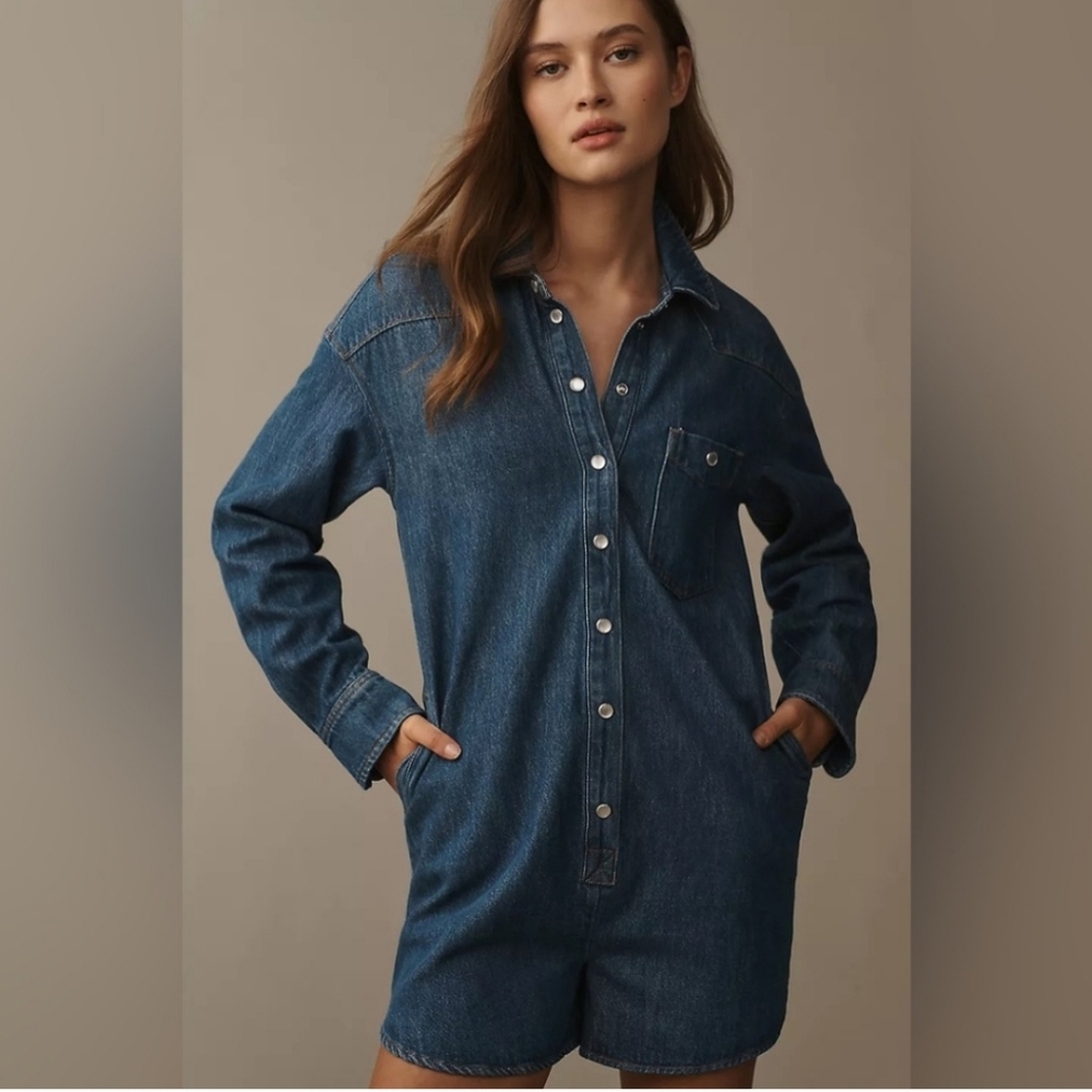 Anthropologie Pilcro Long Sleeve Jean Denim Collared Button Snap Romper XL - Picture 3 of 13
